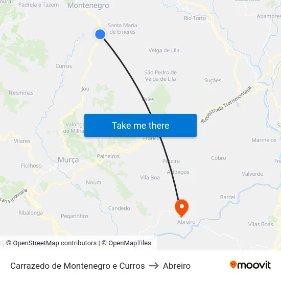 Carrazedo de Montenegro e Curros to Abreiro map