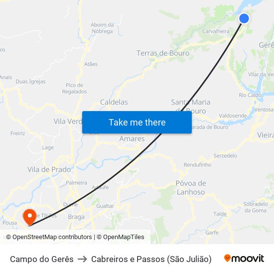 Campo do Gerês to Cabreiros e Passos (São Julião) map
