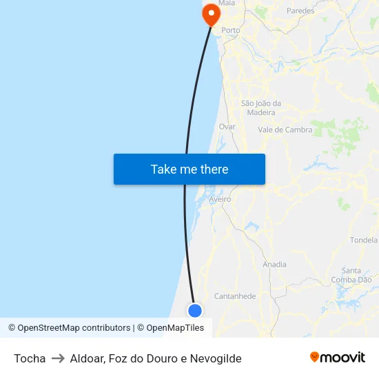 Tocha to Aldoar, Foz do Douro e Nevogilde map
