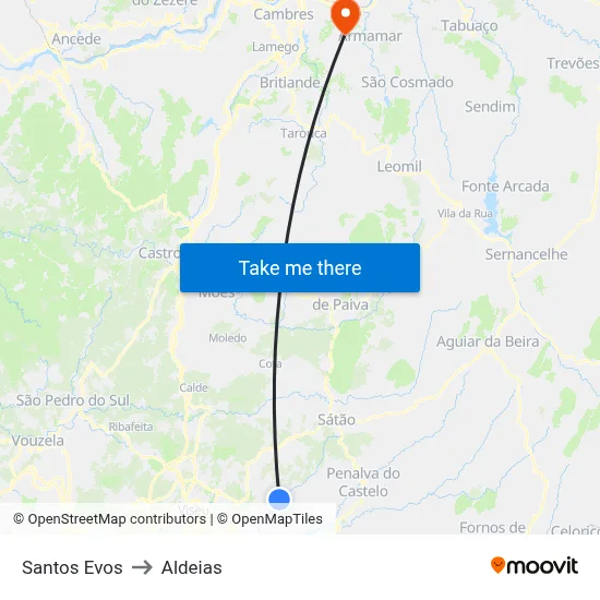 Santos Evos to Aldeias map