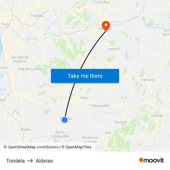 Tondela to Aldeias map