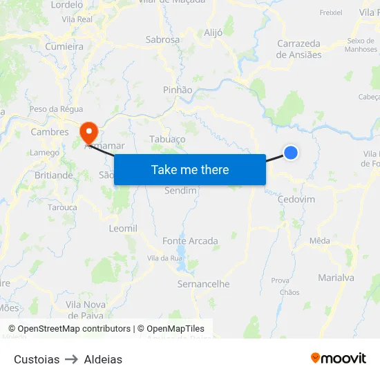 Custoias to Aldeias map