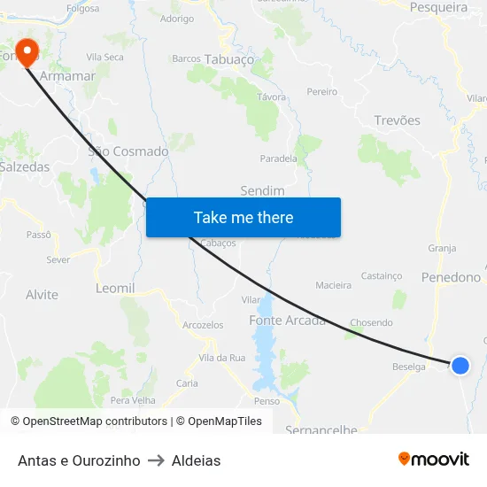 Antas e Ourozinho to Aldeias map