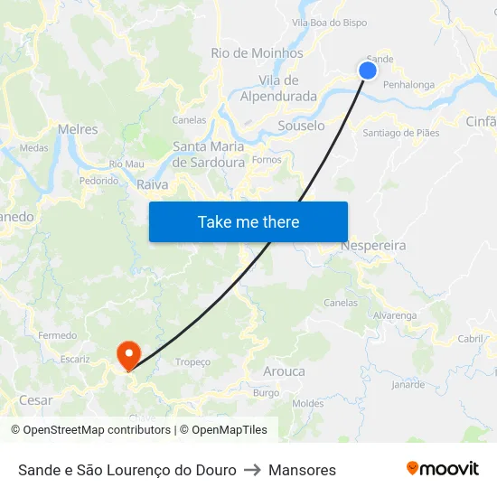 Sande e São Lourenço do Douro to Mansores map