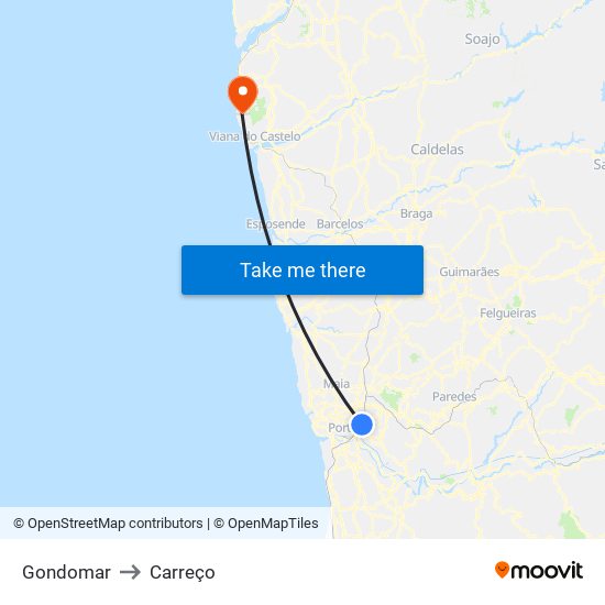 Gondomar to Carreço map