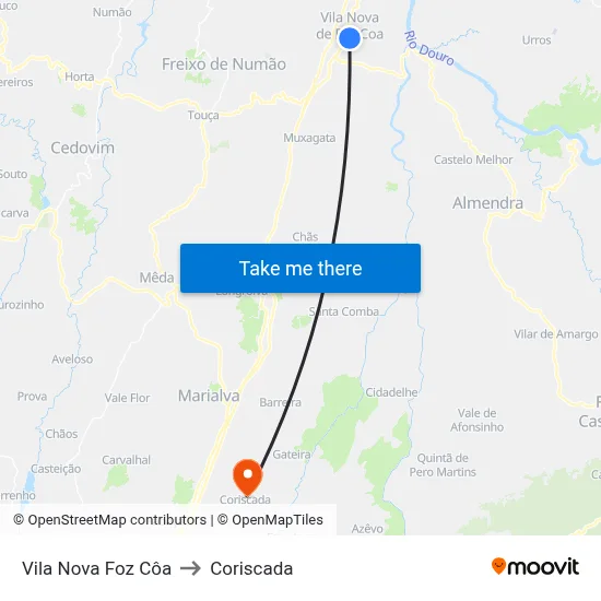 Vila Nova Foz Côa to Coriscada map