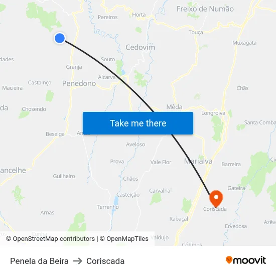Penela da Beira to Coriscada map