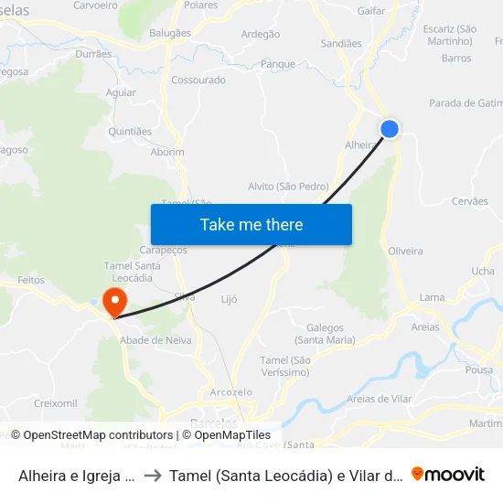 Alheira e Igreja Nova to Tamel (Santa Leocádia) e Vilar do Monte map