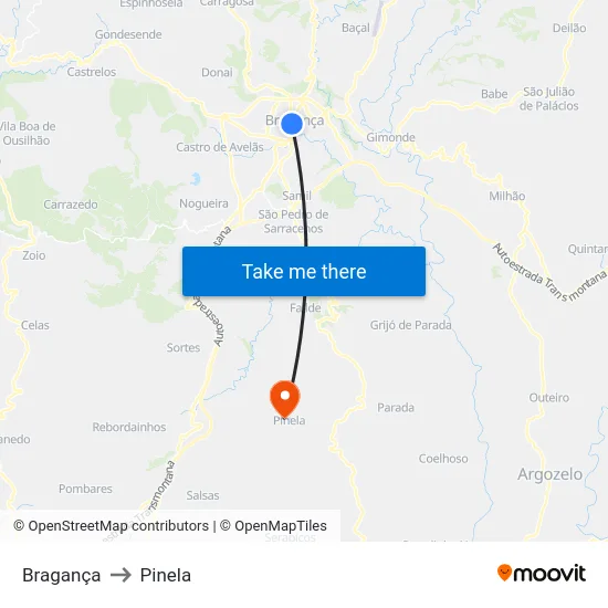 Bragança to Pinela map