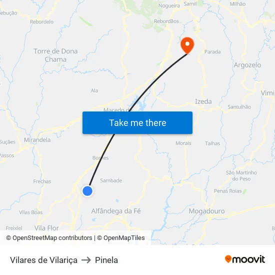 Vilares de Vilariça to Pinela map