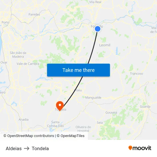 Aldeias to Tondela map