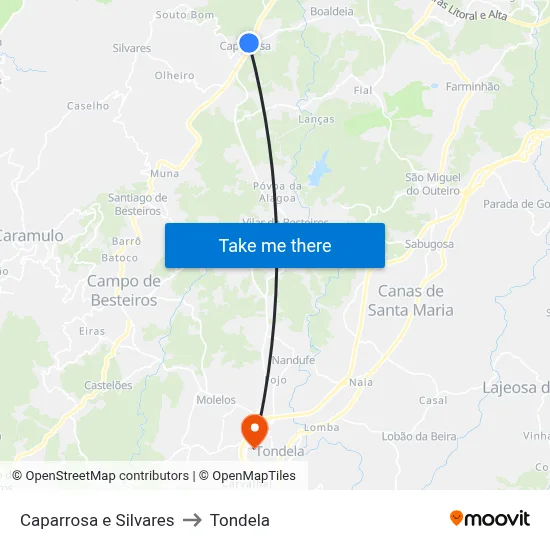Caparrosa e Silvares to Tondela map
