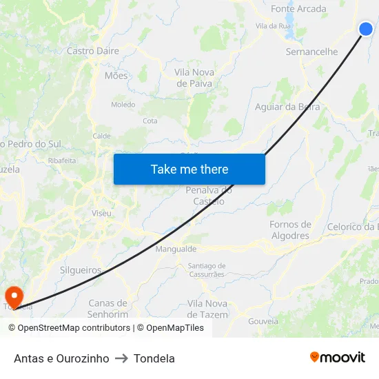 Antas e Ourozinho to Tondela map
