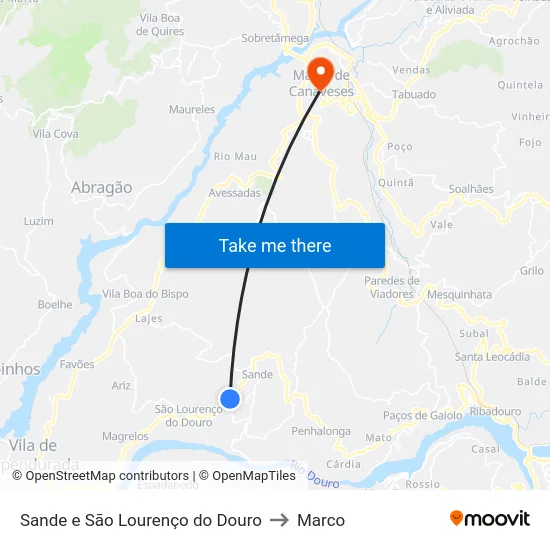 Sande e São Lourenço do Douro to Marco map
