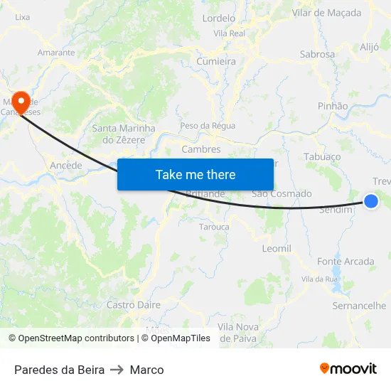 Paredes da Beira to Marco map