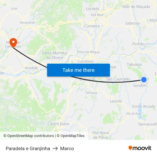 Paradela e Granjinha to Marco map