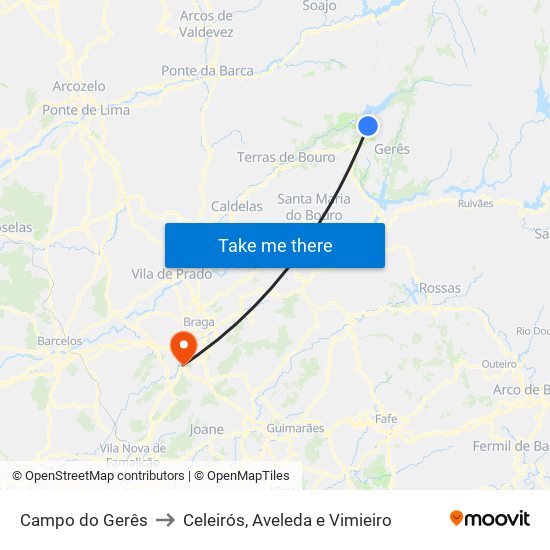 Campo do Gerês to Celeirós, Aveleda e Vimieiro map