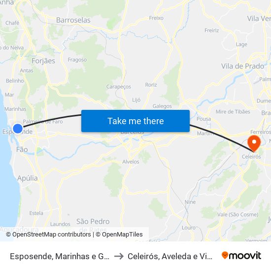 Esposende, Marinhas e Gandra to Celeirós, Aveleda e Vimieiro map