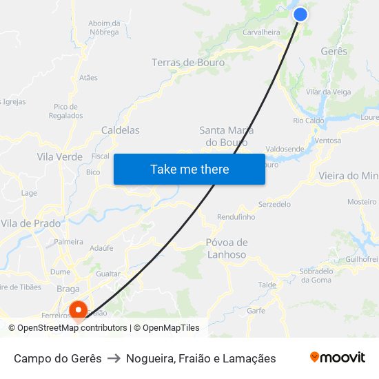 Campo do Gerês to Nogueira, Fraião e Lamaçães map
