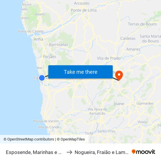 Esposende, Marinhas e Gandra to Nogueira, Fraião e Lamaçães map