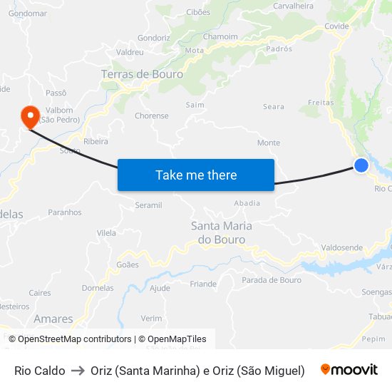 Rio Caldo to Oriz (Santa Marinha) e Oriz (São Miguel) map