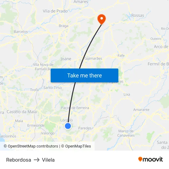 Rebordosa to Vilela map