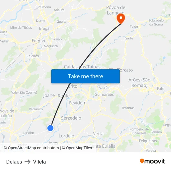 Delães to Vilela map