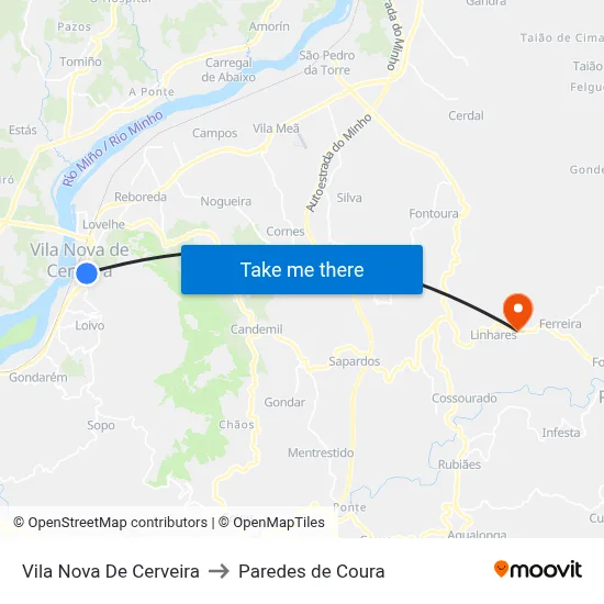 Vila Nova De Cerveira to Paredes de Coura map