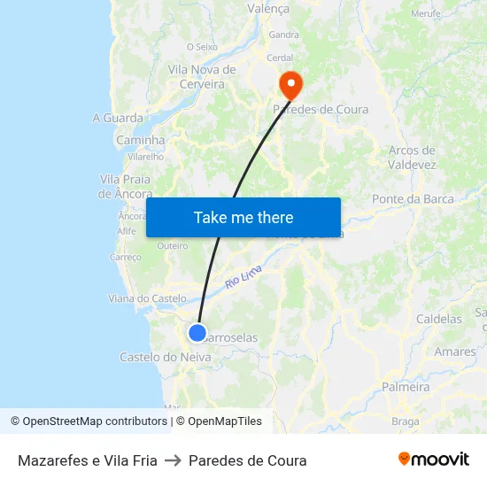 Mazarefes e Vila Fria to Paredes de Coura map