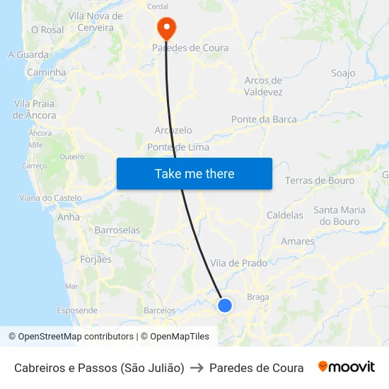Cabreiros e Passos (São Julião) to Paredes de Coura map