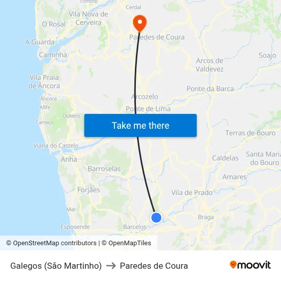 Galegos (São Martinho) to Paredes de Coura map