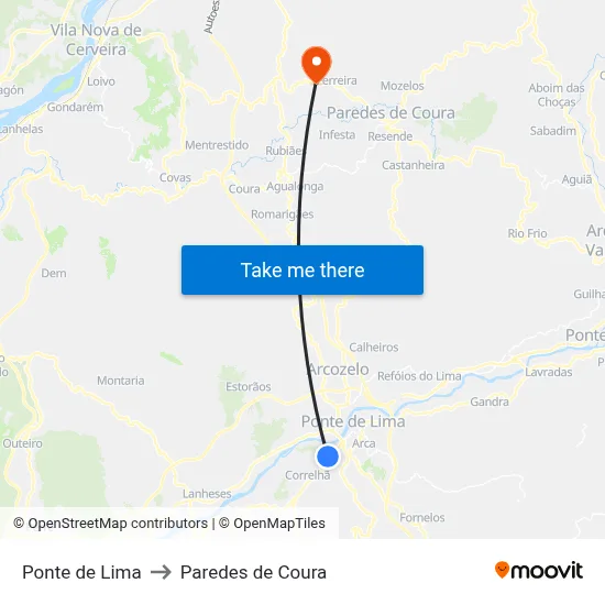 Ponte de Lima to Paredes de Coura map