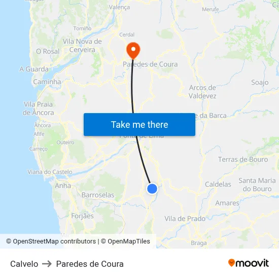 Calvelo to Paredes de Coura map