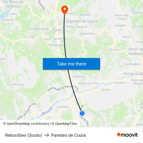 Rebordões (Souto) to Paredes de Coura map
