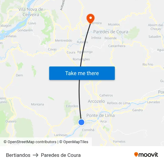 Bertiandos to Paredes de Coura map