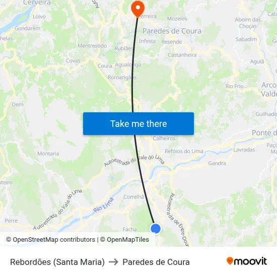 Rebordões (Santa Maria) to Paredes de Coura map