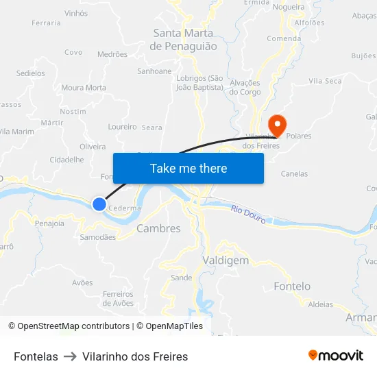 Fontelas to Vilarinho dos Freires map
