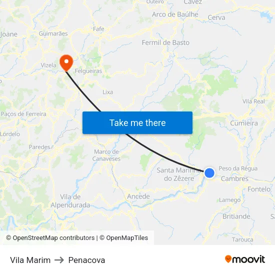 Vila Marim to Penacova map