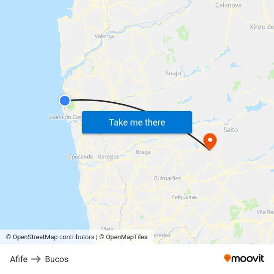 Afife to Bucos map