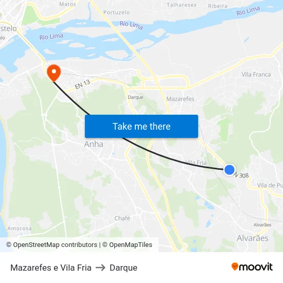 Mazarefes e Vila Fria to Darque map