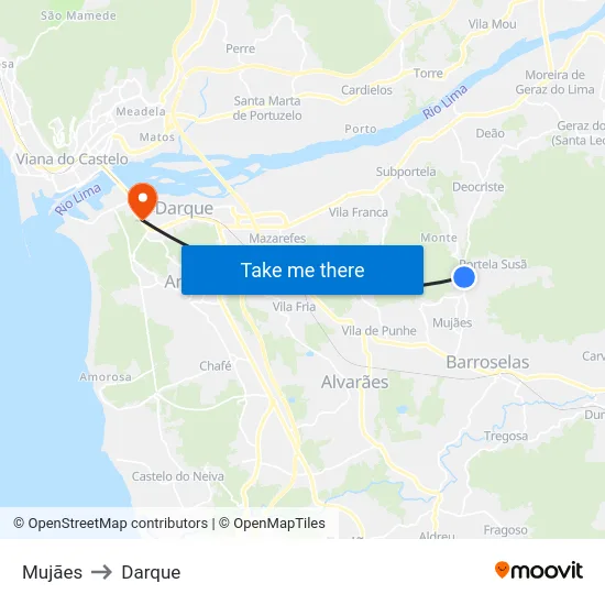 Mujães to Darque map