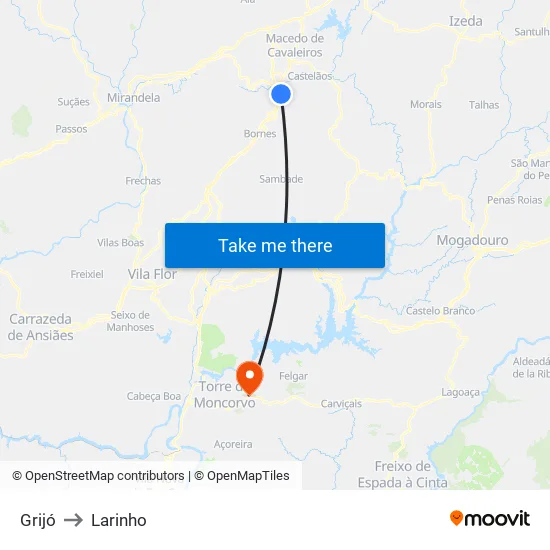 Grijó to Larinho map