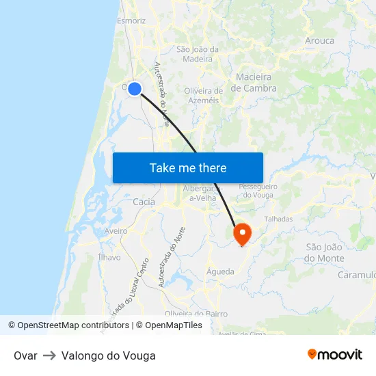 Ovar to Valongo do Vouga map