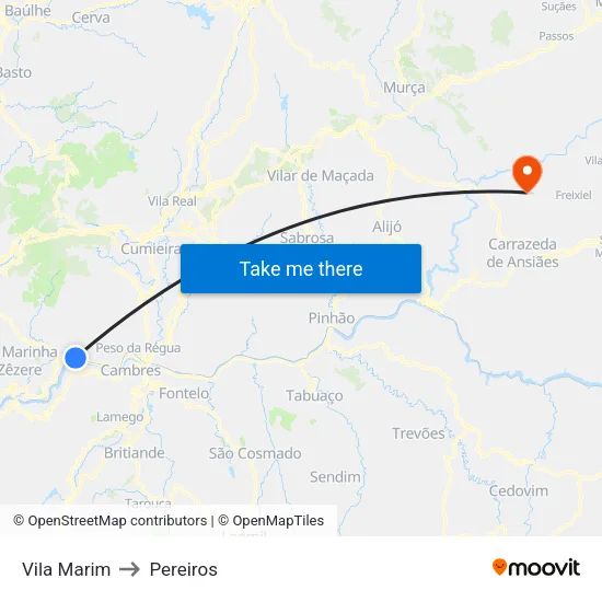 Vila Marim to Pereiros map