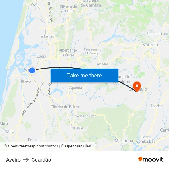 Aveiro to Guardão map