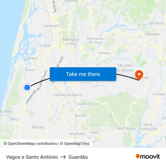 Vagos e Santo António to Guardão map