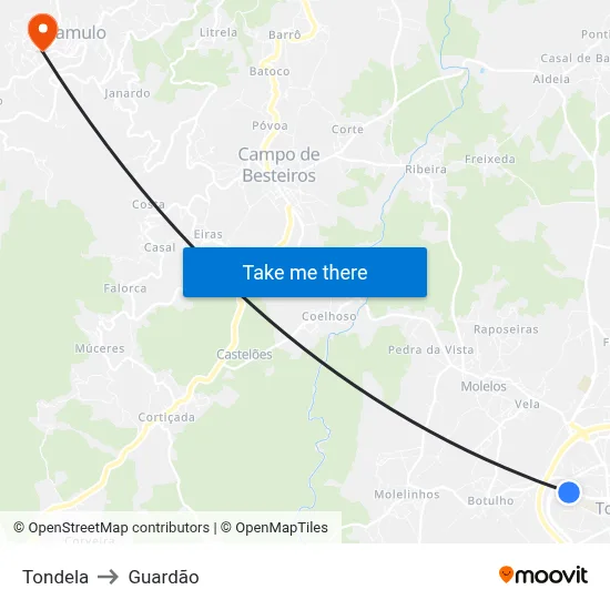 Tondela to Guardão map