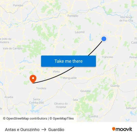 Antas e Ourozinho to Guardão map