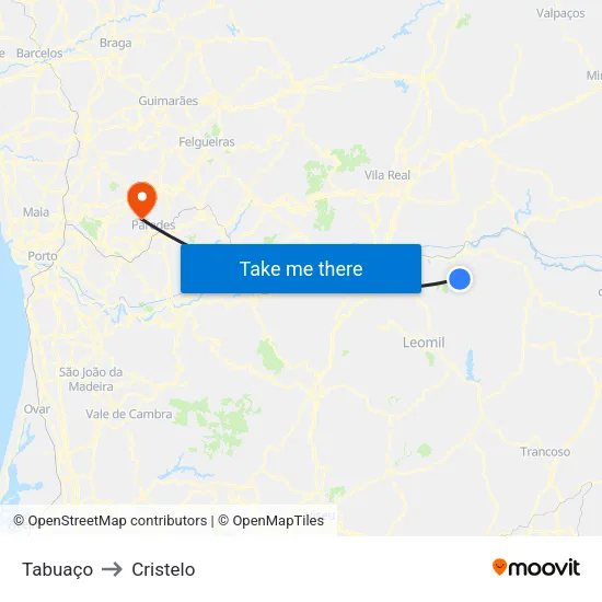 Tabuaço to Cristelo map