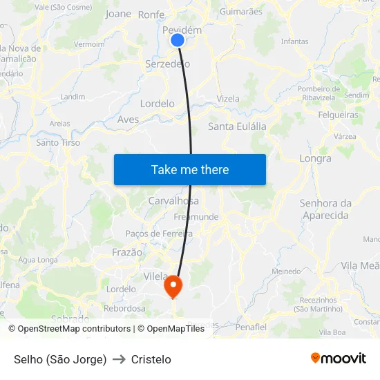 Selho (São Jorge) to Cristelo map